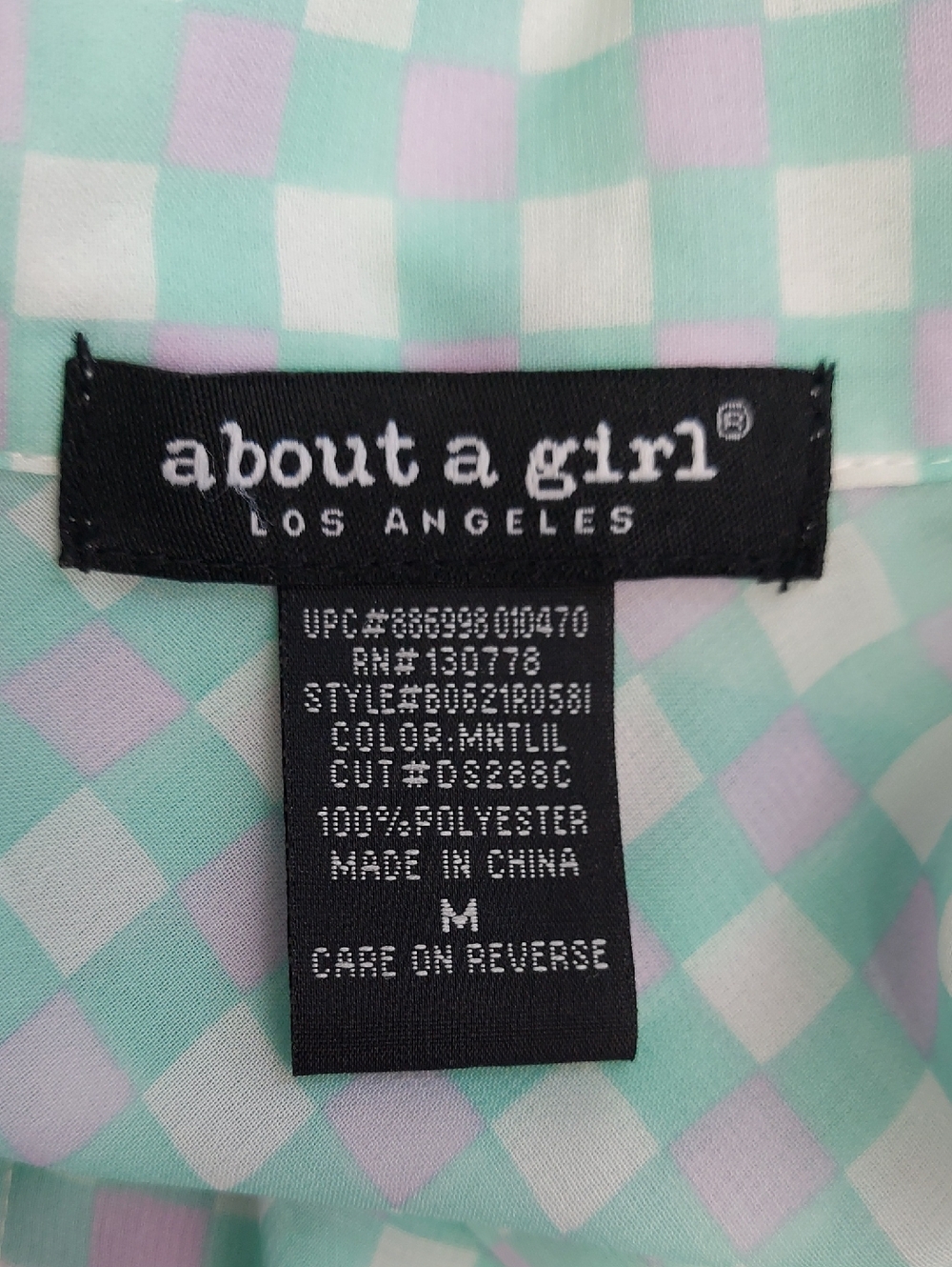 About A Girl Los Angeles Aqua & Lavender Check Blouse Size Medium Pearl Buttons - Picture 5 of 8